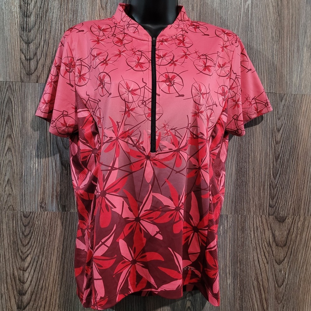 Terry 1/4 Zip Cycling Jersey Sz L Pink Floral Bicycles Short Slv Back Pockets